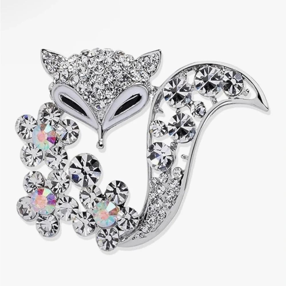 Silver Crystal Fox Brooch with Iridescent Floral Accents